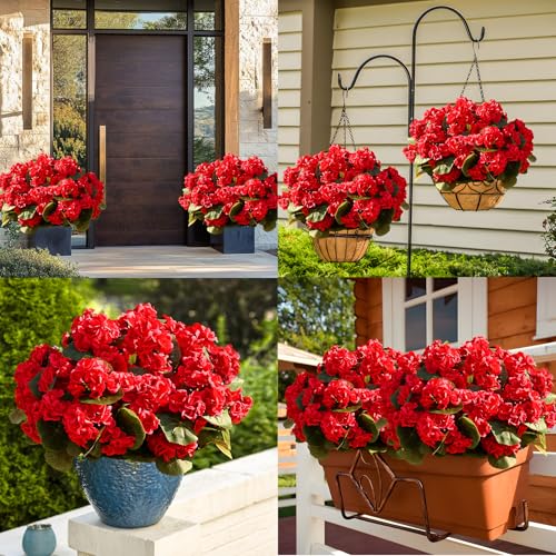 Waipfaru 12Pcs Artificial Fake Flowers for Outdoors, UV Resistant Outdoor Faux Plants, Silk Geraniums Red Flower for Garden Porch Planter Patio Balcony Yard Indoor Home Decoration (12, Red) - color: Red, size: 12 PCS