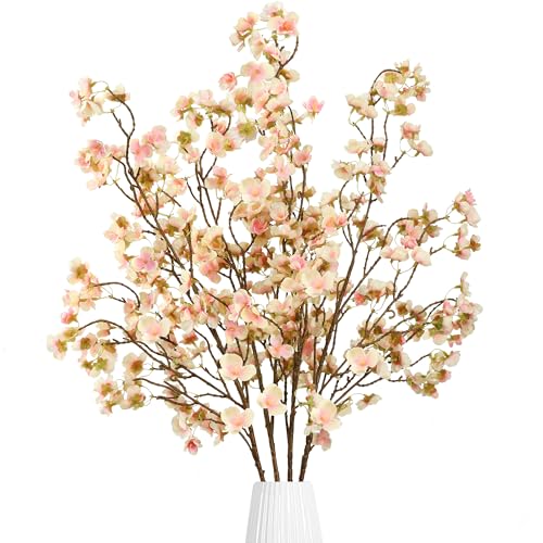 Sggvecsy Artificial Cherry Blossom Flowers 4 Pcs Faux Cherry Blossom Stems Faux Silk Cherry Blossom Branches 41’’ Fake Flowers Long Stems for Vase Arrangements Home Wedding Table Decor (Champagne) - color: Champagne