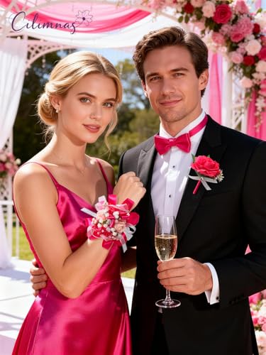 Prom Corsage and Boutonniere Set Hot Pink,Artificial Silk Rose Wrist Corsage for Homecoming, Formal Dance Party, Wedding,Graduation,Anniversary - color: Hot Pink