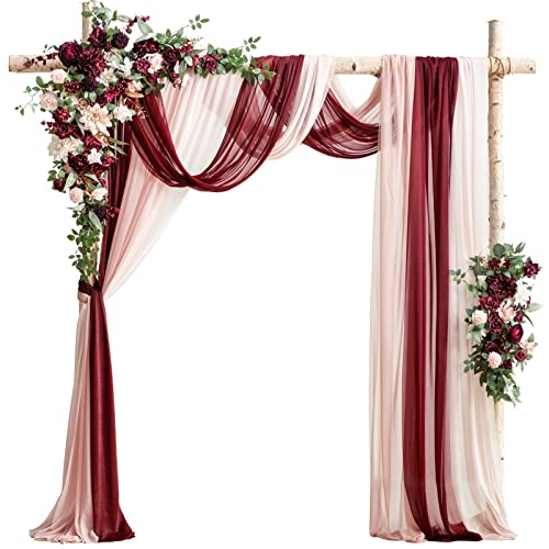 Ling's moment Deluxe Wedding Arch Flowers with Drapes Kit-Pack of 5, 2pcs Flower Arrangements 3pcs Hanging Sheer Drapes Pink Ceremony Arbor Red Backdrop Artificial Rose Floral Decorations - color: Red-marsala