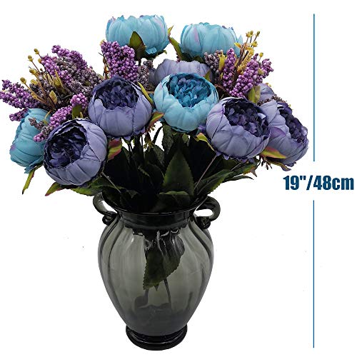 2pcs Artificial Peony Bouquets,19 Inch Silk Peony Bunch with 7 Faux Flowers,Classical Style Artificial Flowers with Leaves and Ornaments for Wedding,Home Décor Centerpieces(Blue) - color: Blue, size: Pack of 2