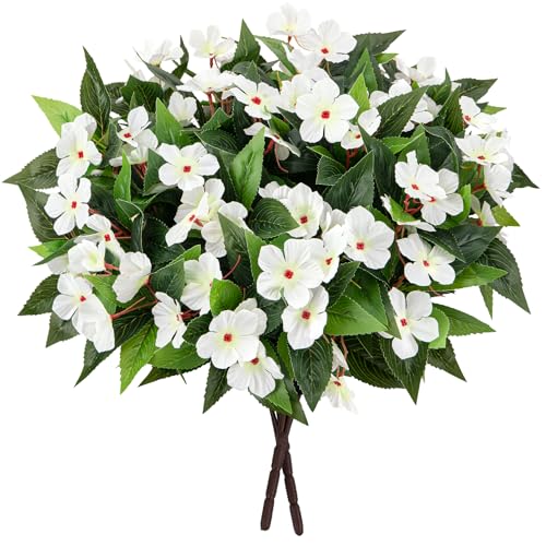 Roberly 6 Bundles Artificial Flowers for Outdoors, Faux Silk Catharanthus Roseus Flowers Bouquet Fake Greenery Plant for Spring Summer Garden Patio Porch Window Box Table Home Decor, White - color: White