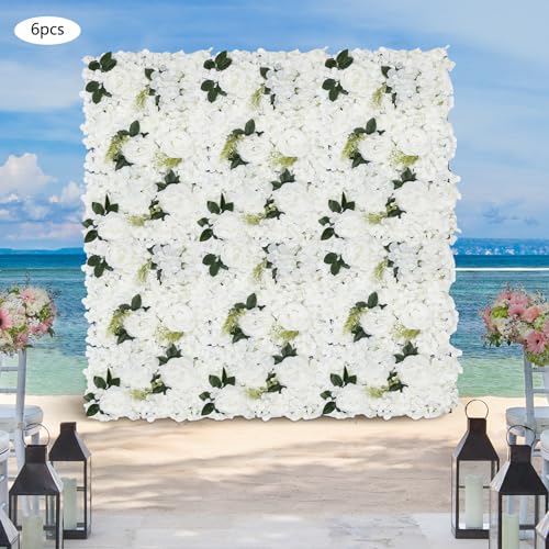 Flower Wall Panel Floral Backdrop, 6 Pcs Flower Wall Decor, 24" X 16" Silk Rose Wall, Artificial Flower Wall Backdrop Faux Flower Panel for Wedding, Party, Home (White) - color: White