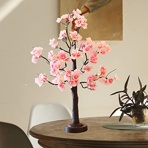 24 LED Pink Cherry Blossom Tree Light 18 Inches Artificial Tabletop Fairy Tree Lamp Eight Lighting Modes USB or Battery Operated with Timer Decor for Bedroom Wedding Christmas Spring (Warm White)