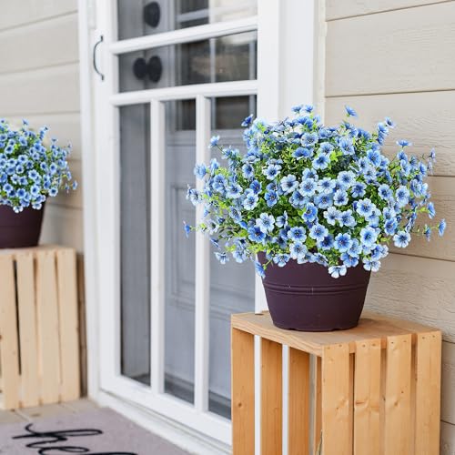 Sggvecsy Artificial Flowers for Outdoors 12 Bundles Realistic Faux Plants UV Resistant Fake Silk Daisy with Eucalyptus for Boxwood Planter Patio Porch Outside Spring Summer Decoration(Blue) - color: Blue