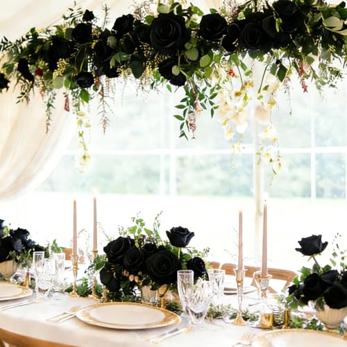 12Pcs Realistic Fake Roses Faux Flowers with Long Stems, Artificial Silk Rose Flowers for Valentines Day Home Wedding Decor Bridal Bouquet (Black) - color: Black