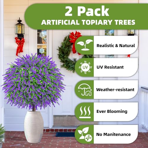 27.5" Artificial Lavender Boxwood Topiary Ball Trees, Set of 2 Fake Shrubs Bushes with Ground Spike, UV Resistant Faux Evergreen Tree for Front Porch Outdoor Garden Decor - color: Purple Lavender