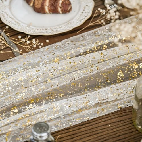 Artoid Mode 3Pcs Beige Gold Gauze Table Runner 120 Inch 10FT, Glitter Metallic Foil Sheer Dining Wedding Anniversary Holiday Birthday Table Decor for Home Party - color: Beige Gold, size: 28" x 120", 3pc