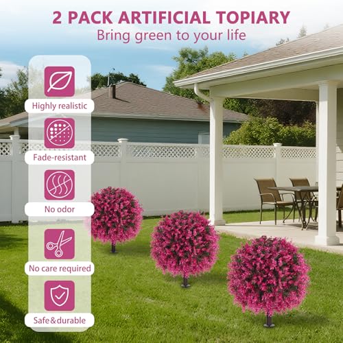 Yangrass Artificial Pink Eucalyptus Topiary Ball Trees with Ground Spike, Set of 2 UV Resistant Artificial Shrubs, Fake Evergreen Artificial Plant Bushes for Indoor Outdoor Front Porch Garden - color: Pink Eucalyptus