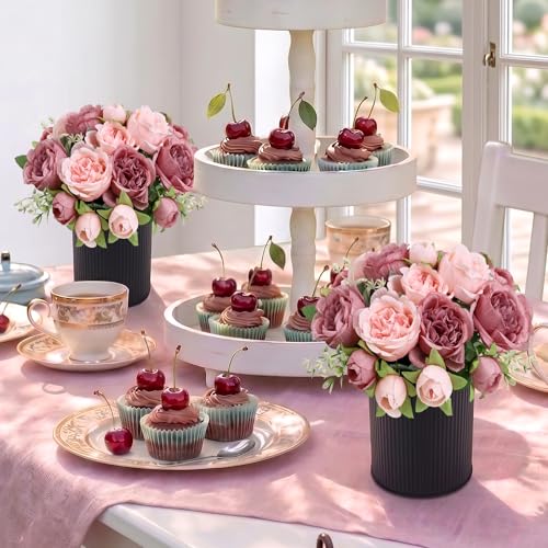 Pre-Made Flower Table Centerpieces, Set of 6 Artificial Silk Peonies with Black Vase for Wedding Reception, Modern Floral Decor for Birthday Party, Anniversary Ceremony - Vintage & Pastel Pink - color: Vintage Pink & Pastel Pink