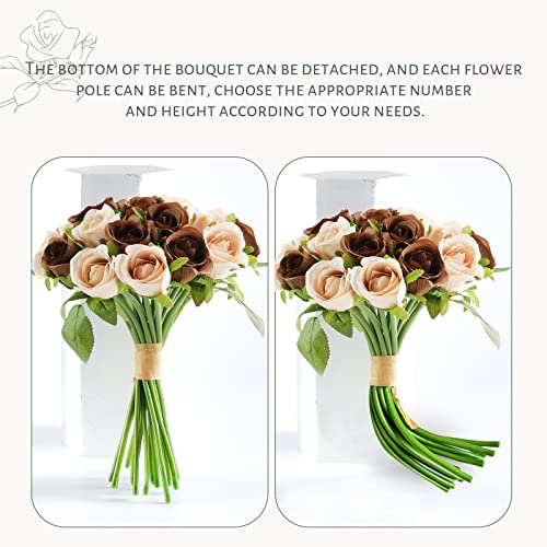ZMZQ&flw 36PCS Roses Artificial Flowers with Stems Brown Bouquet Cream Beige Silk Fake Flora Home Decoration Bridal Wedding - color: Brown and Beige