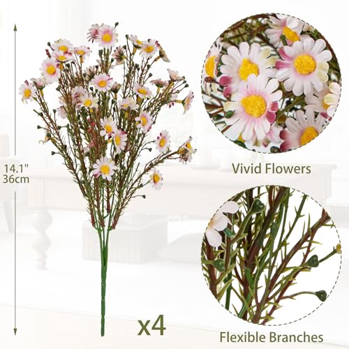 UV Resistant Pink Daisy Artificial Flowers Lush 4 Bouquets Silk Fake Daisies, 14" UV Protected Faux Daisy Flowers for Indoor & Outdoor Vase, Planter, Floral Arrangements, Centerpieces, Wedding Decor - color: Pink