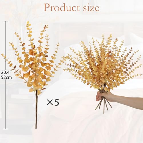 GnFlus 5 Pcs Artificial Eucalyptus Stems Fall Eucalyptus Leaves Autumn Leaf Branches Fall Decorations with Foam Fall Leaves for Home Floral Arrangement Autumn Festival Thanksgiving Decor Yellow - color: Yellow Bro'w'n
