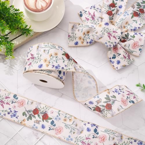 JarThenaAMCS Vintage Floral Wired Ribbon 2.5 Inch Wildflower Ribbon for Bow Wreath Craft Gift Wrap Spring Holiday Wedding Birthday Party Home Decor