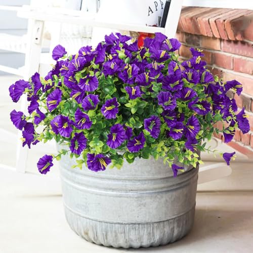 SJL Artificial Faux Outdoor Flowers Spring Summer Decoration 10 Bundles Fake Plastic Plants Artificial Morning Glory UV Resistant Flowers for Outside Front Porch Garden Backyard Decor(Purple) - color: Bundle Purple