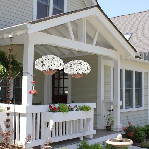 Artificial Hanging Flowers Faux Plants Basket for Outdoors Spring Summer Decor, Fake Silk Bougainvillea in Planter Outdoor Look Real UV Resistant Faux Flower for Outside Porch Patio Garden Home, White - color: White-new
