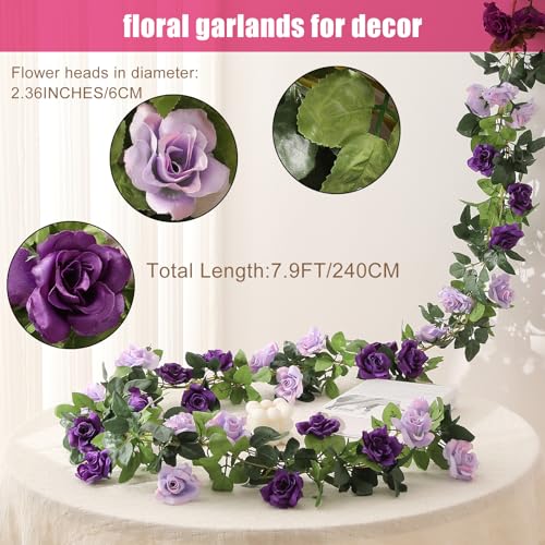 JUSTOYOU 2 Pack (15.8FT) Fake Rose Garland, Artificial Roses Vines Flower Garland Hanging Floral Vine Wedding Home Backdrop Party Arch Arrangement Decoration - color: Purple