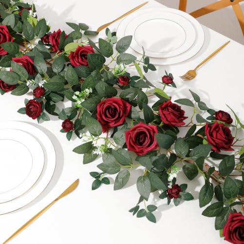 2 Pack 11.2 Ft Artificial Flower Garland with White Roses, Realistic Fake Greenery Vines with 17 Roses Flowers for Wedding Table Centerpieces Arch Party Ceremony Backdrop Decor (Dark Red) - color: Dark Red