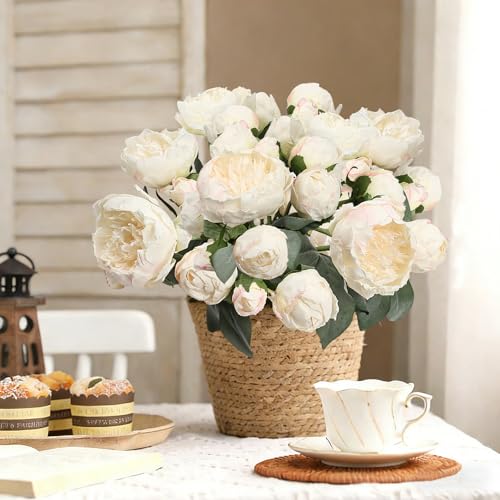 Silk Flower Peony Bouquets - 2 Pack Artificial Peonies with Stems Vintage Look Real Peonies Flowers for DIY Crafts Flower Arrangements Wedding Centerpiece Table Decor - Champagne