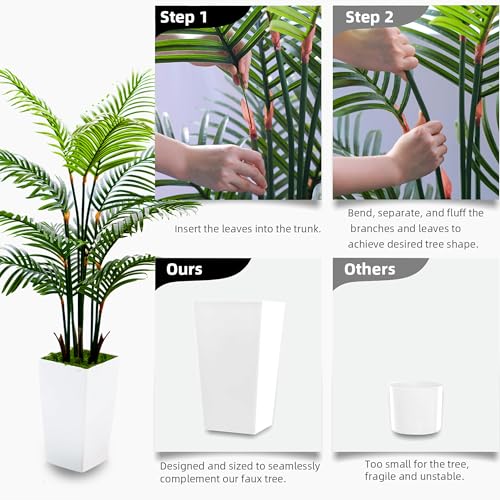 Artificial Plants Indoor - Fake Tree with White Tall Planter - Faux Floor Large Plant in Pot - Evergreen Artificial Silk Trees for Home Office Living Room Decor Indoor (Palm Tree 5FT)