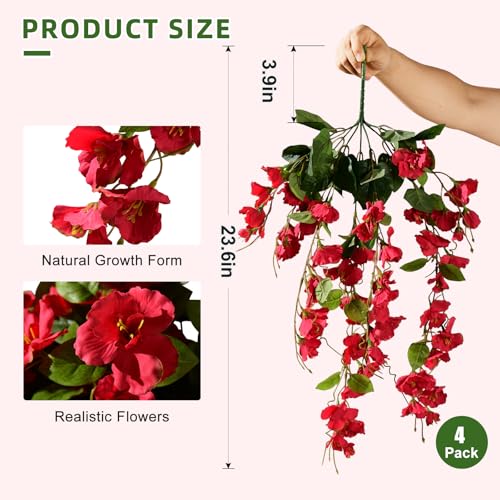 Hibiscus Artificial Hanging Flowers Plants for Outdoors 4 Pcs Fake Flower Faux Silk Hibiscus Long Trailing Vines Realistic Flower for Outside Front Door Porch Patio Balcony Garden Yard (4 Pcs Red) - color: 4 Pcs Red