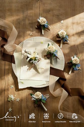 Ling's moment Boutonniere for Men, 6pcs Groom Groomsmen Boutonniere, Artificial Flowers for Wedding Decor/Prom/Homecoming, etc.Earth Brown & Tawny Beige - color: Earth Brown & Tawny Beige