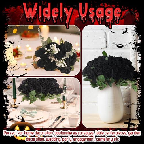 36 Pcs Black Rose Bouquet Bridal Artificial Flowers,Fake Rose Long Stem Realistic Artificial Flowers Bulk for Wedding Bouquet Ball Arrangement Centerpiece Party Decor - color: Black