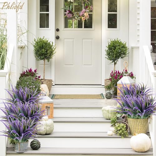 6Pcs Artificial Grass Fake Plants 17.3in Outdoor Plants UV Resistant Faux Greenery Stems Fake Grass for Home Window Garden Office Patio Pathway Front Porch Halloween Décor Green & Purple - color: Green & Purple, size: 6 Pcs