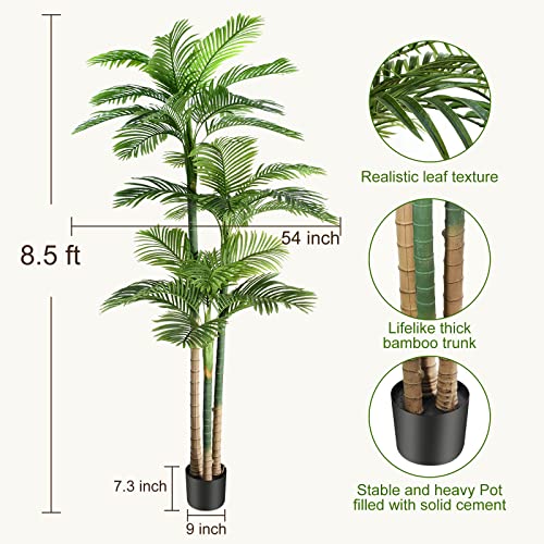 8.5ft Artificial Golden Cane Palm Tree - Large Triple Fake Palm Tree in Pot for Indoor/Outdoor, Patio, Pool, Big House, Office, Backyard, Home Decor - Green, Extra Tall - size: 8ft 6in