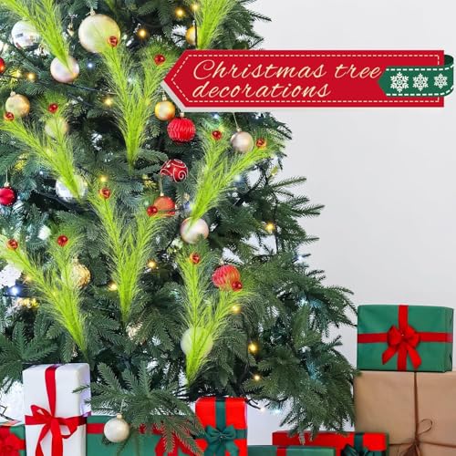 12 Pcs Lime Green Picks Whimsical Christmas Tree Toppers 17'' Double Head Artificial Curly Green Pampas Grass Stems with Red Ball Xmas Ornaments for Christmas Tree Decor Vase Fillers Wreath Crafts