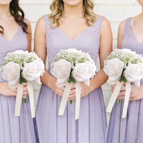 6.5 Inch Bridesmaid Bouquet Set of 6, Ivory Wedding Bouquets for Bridesmaids, Small Bridesmaid Bouquets for Wedding, Artificial Wedding Bouquet Flower, Floral Wedding Centerpieces - color: 6pcs Milk White Bouquets