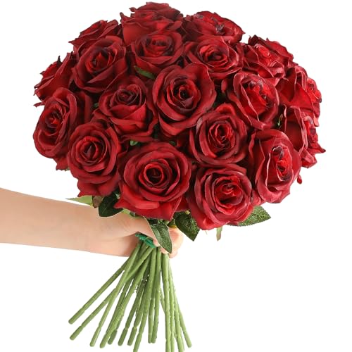 Tifuly Red Roses Artificial Flowers - 12 pcs Realistic Long Stem Fake Roses Faux Silk Flowers for DIY Bouquets Wedding Centerpieces Arrangements Home Party Decor（Burgundy） - color: Burgundy
