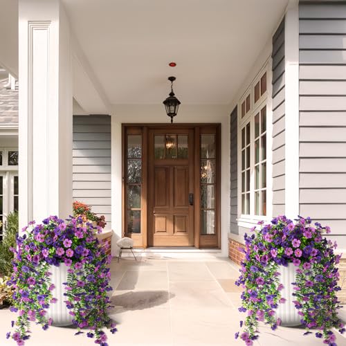 Artificial Hanging Flowers for Outdoors, 2 Pcs Fake Hanging Plants Spring Summer Decor, UV Resistant No Fade Faux Silk Daisy Flower for Planters Front Door Porch Patio Yard Garden(Double Purple) - color: Double Purple