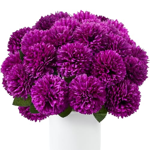 SITUMEIZI 12 Pcs Purple Flowers Artificial Chrysanthemums Ball Flower Fake Mums Silk for Wedding Home Kitchen Decoration Floral Arrangement - color: Purple, size: 12 Pieces
