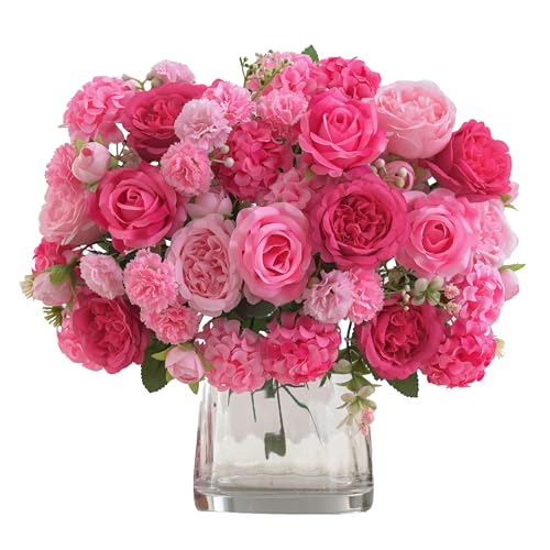 8 Pcs Mixed Artificial Peony Flowers Set-4 Bouquets & 4 Stems, Pink Fake Peony Rose Hydrangea Flowers for Vase Silk Floral Arrangements for Table Centerpiece Wedding Party Bridal Decoration Home Decor - color: Mixed Pink, size: Mixed 8pcs