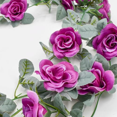 Flower Garland Rose Vine 4Pcs 28FT Artificial Floral Garland with Green Leaves Hanging Rose Vine for Wedding Party Garden Home Wall Decor (Purple) - color: Purple