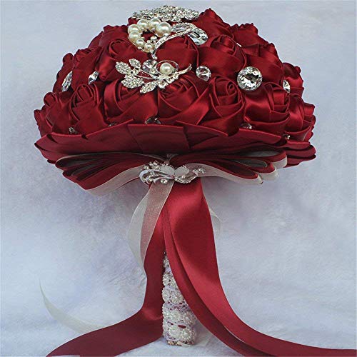 Wedding Bouquets Crystal Satin Rose Bride Bridal Bouquet Romantic Bridesmaid Holding Flower for Valentine's Day Confession Party Church Decor (Wine Red) - color: Wine Red