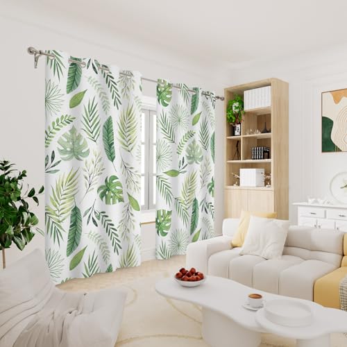 Renaiss Green Leaf Blackout Curtains, Tropical Safari Plants Patterned Thermal Insulated Bedroom Window Curtains, Eucalyptus Botanical Window Curtains for Kitchen, 45" L x 29" W 2 Panel Set - color: Green & White, size: 29"W x 45"L (Pack of 2)
