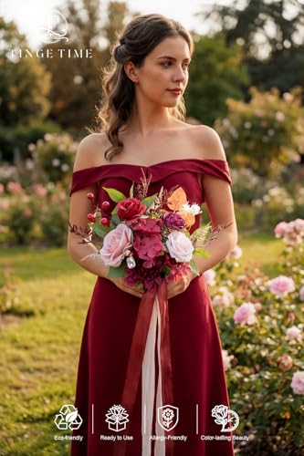 TINGE TIME 7 Inch Wedding Bouquets for Bridesmaid, Artificial Flowers Cascading Bridal Bouquet for Wedding (Burgundy & Pink, Set of 4) - color: Burgundy & Pink