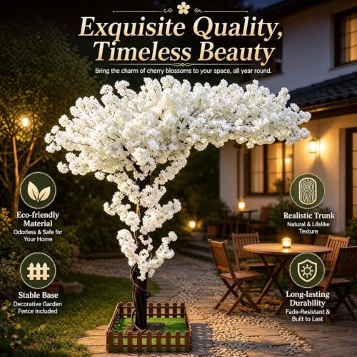 Artificial Cherry Blossom Trees Large,Faux Cherry Blossom Tree Artificial,Fake Cherry Blossom Handmade Tree Indoor Outdoor for Wedding Party Restaurant Park Living Room (White, 6ft 0in) - color: White, size: 5ft 11in