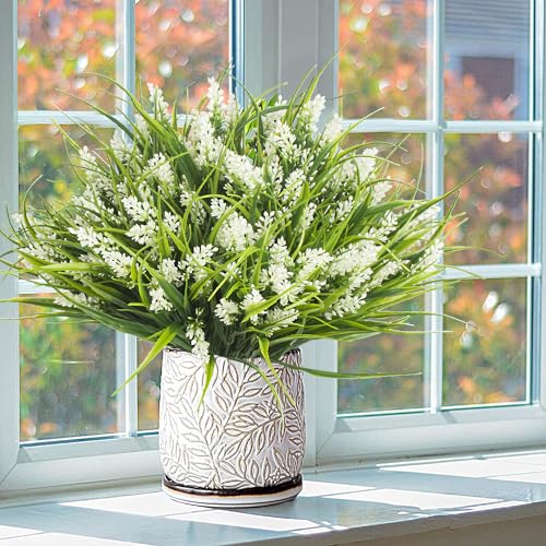 Grunyia 20 Bundles Artificial Plants Outdoor Fake Monkey Grass with Flowers (White) - color: White