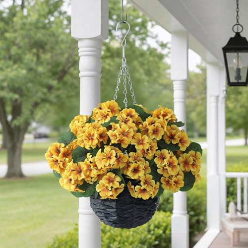 GLIDLION 2 Set Artificial Geraniums Flowers with Hanging Baskets for Outdoors - Sun Resistant Silk with Geranium Flowers, Fake Hanging Planters for Front Porch Garden Patio Home Decor (Yellow) - color: Yellow
