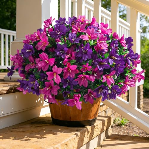 INSPRING Artificial Fake Flowers for Outdoors Spring Summer Decoration, 3 Bundles Realistic Outdoor Faux Azalea Plants UV Resistant Silk Flowers for Outside Planter Patio Porch Garden Yard Home Decor - color: Purplefuchsia