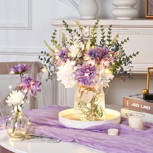 MARTINE MALL Fake Flowers in Vase with Lights, Faux Flowers in Vase, Dahlia Artificial Flowers in Vase Centerpiece Table Decorations Artificial Flower Arrangement for Home Dining Room Farmhouse - color: Purple With Lights