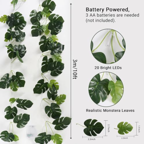 RECUTMS Monstera Leaves String Lights 1P 20LEDs Artificial Tropical Palm Leaf Battery Operated Hanging Rattan Light Faux Greenery Vines for Hawaiian Party Luau Jungle Beach Summer Indoor Outdoor Decor - color: Monstera Leaves Lights Green 1p