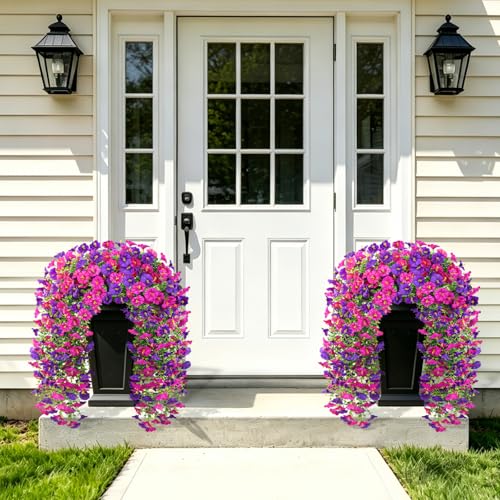 Artificial Flowers for Outdoors, 6-Pack 420 Blooms UV Resistant Hanging Morning Glory Silk Flowers Vines, Realistic Fake Plants Outside Decroation for Porch Patio Balcony Yard Garden (Purple + Lotus) - color: Purple+lotus