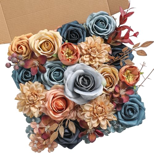 YYHUAWU Artificial Flowers Combo Set Fake Flower Leaf Box with Stems for DIY Wedding Bouquets Centerpieces Flower Arrangements Decorations Baby Shower Party Home Decorations - color: Blue & Brown