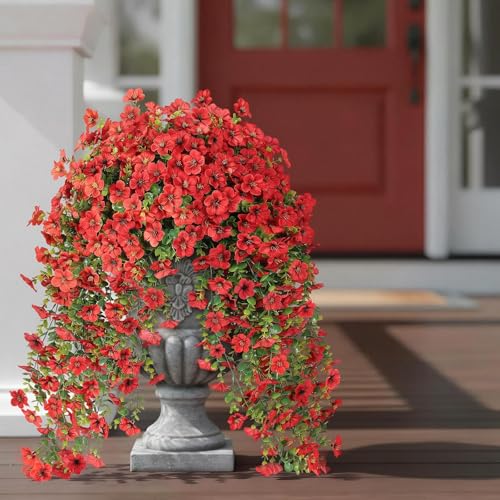 VIERENA 4 Bundles Artificial Hanging Morning Glory Flowers for Outdoor, Realistic Hanging Flowers Silk Fake Morning Glory with Faux Eucalyptus for Yard Garden Porch Patio Balcony Home Decor (Red) - color: Red