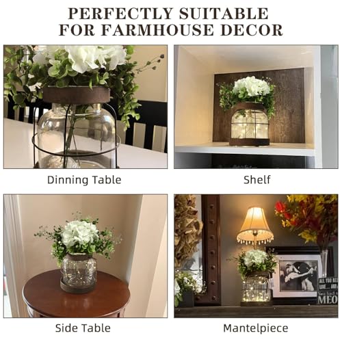 Farmhouse Glass Lantern Vase Vintage Flower Vases with Plants Hydrangea Lights Rustic Floral Arrangement Centerpieces Home Decor Hostess Housewarming Gift - color: Vase+greenery+light+hydrangea