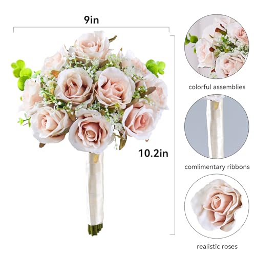 Pink Champagne Roses 10 in, Fake Flowers Wedding Bouquets for Bride, Wedding Silk Artificial Flowers 10pcs for Wedding Party, Ceremony, Anniversary & Home Decor (Come with 3 Styles of 4.5 ft Ribbons) - color: Pink Champagne, size: 10 pcs * 10 inches